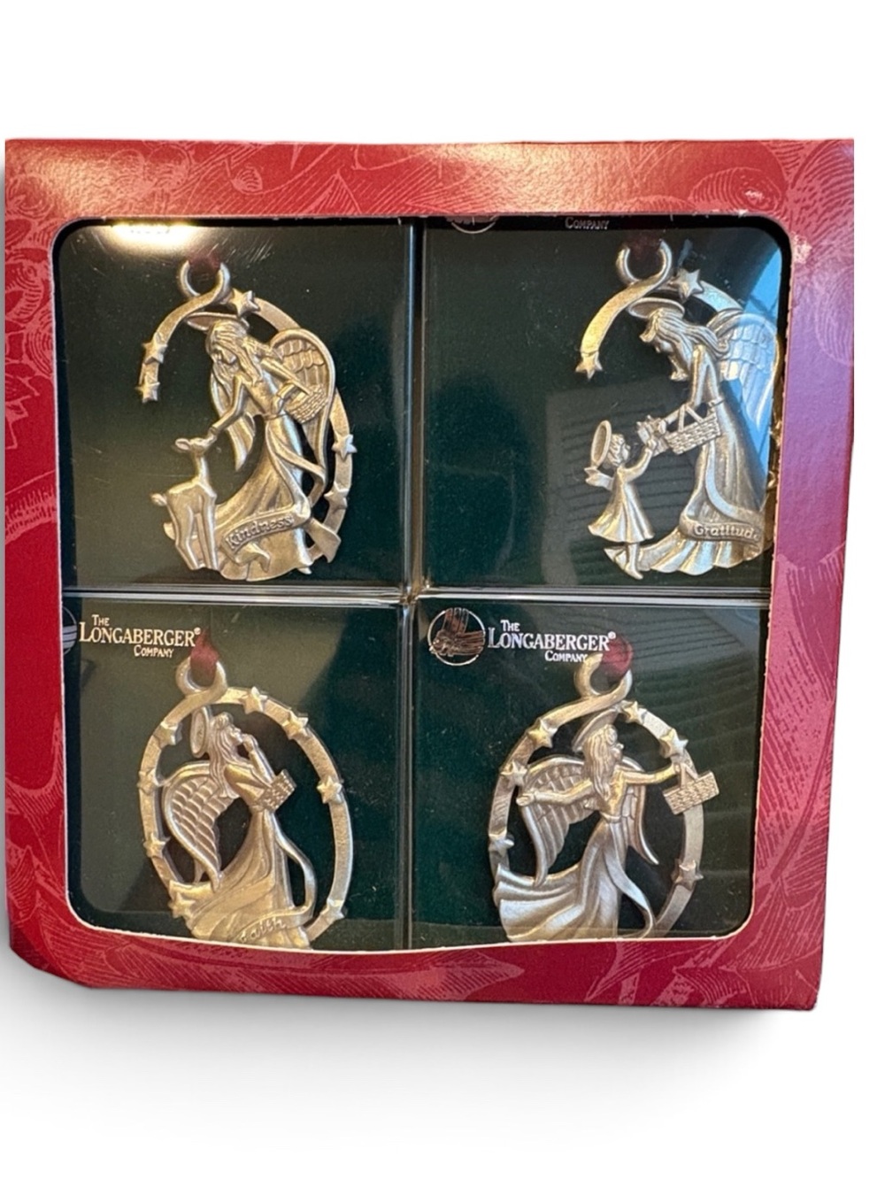 Longaberger Pewter Angel Ornaments Set of 4 Kindness Gratitude Faith Friend 1999